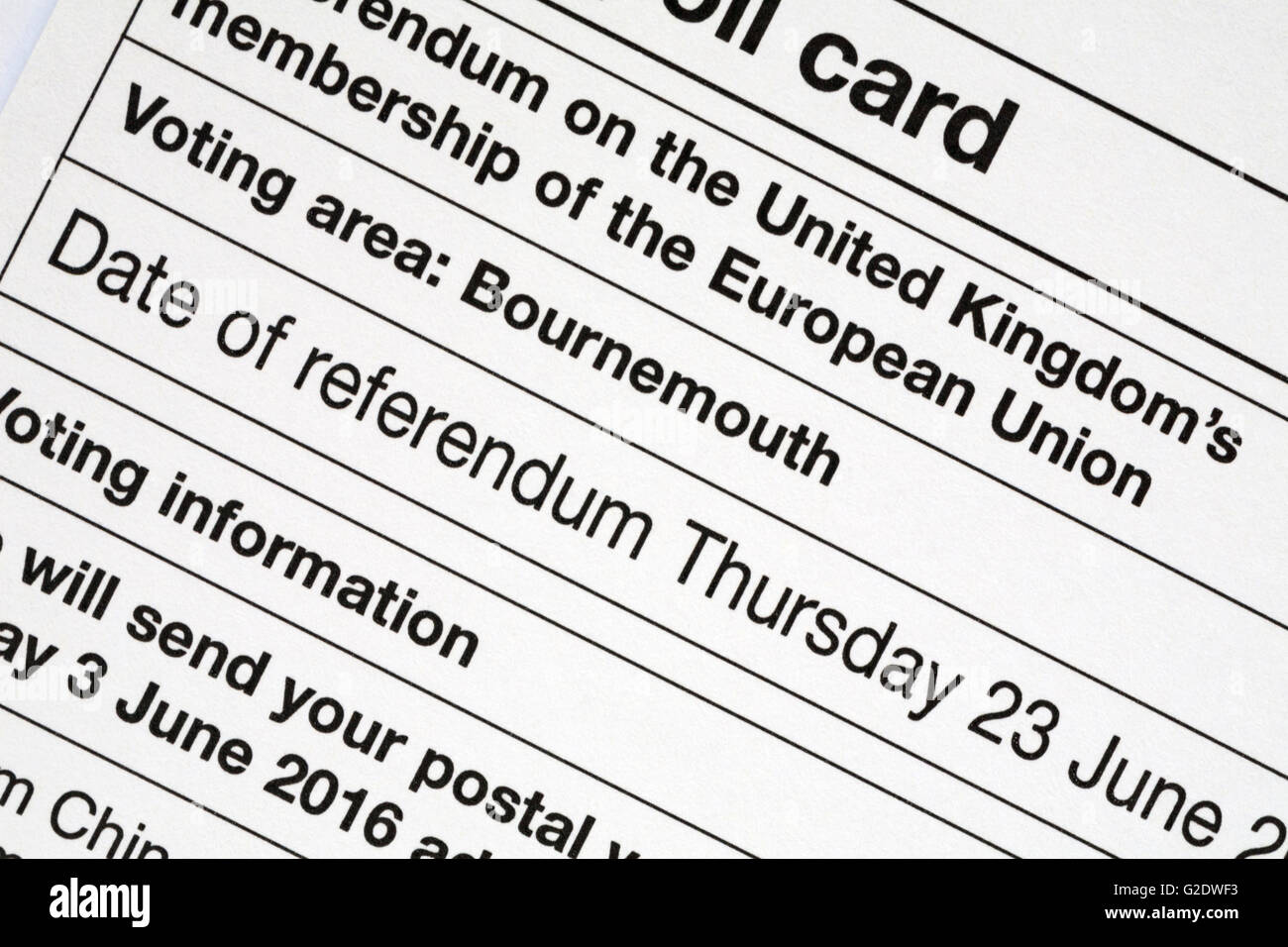 Postal poll card details of Referendum on the United Kingdom's membership of the European Union 16 voting area Bournemouth Stock Photo
