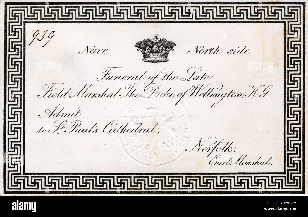 Duke of Wellington, Funeral Invitation, 1852 card for the state funeral of the Victor of Waterloo at St Pauls Cathedral Stock Photo