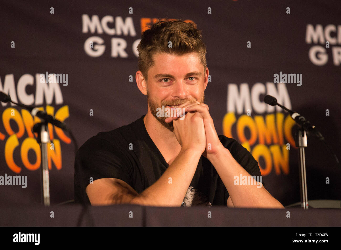 London, UK. 28 May 2016. Australian actor Luke Mitchell. S.H.I.E.L.D. actors Elizabeth Henstridge, Nick Blood and Luke Mitchell are joined by Agent Carter's Lotte Verbeek in a panel discussion at the MCM Comic Con in London. Stock Photo