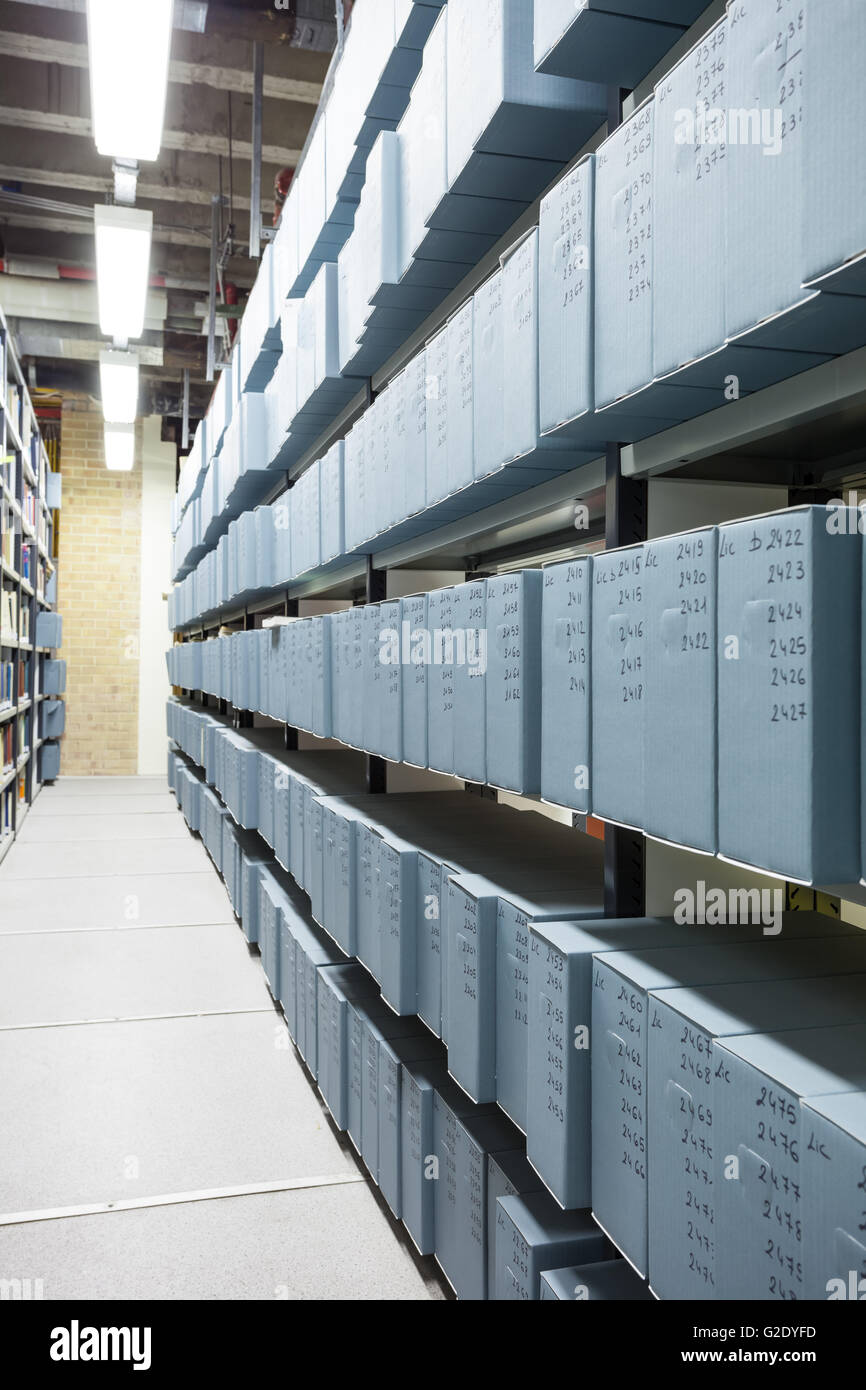 several movable shelves in the basement of the building Stock Photo
