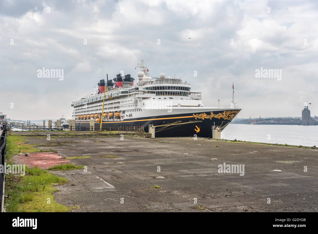 The Disney cruise liner Disney Magic berthed at Liverpool cruise terminal at the pierhead. Stock Photo