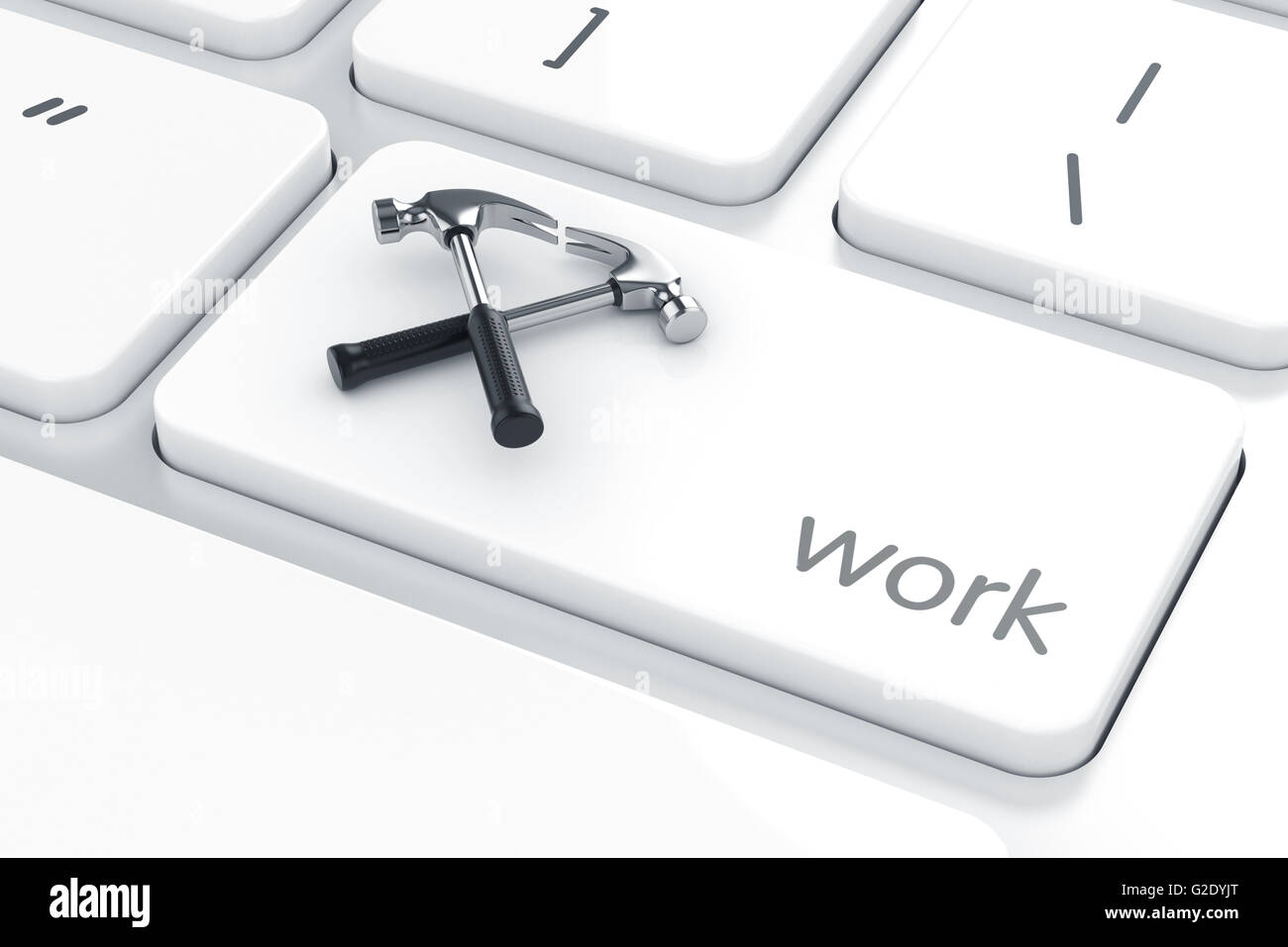 3d render of hammer crossed on the white enter computer keyboard. Work concept Stock Photo