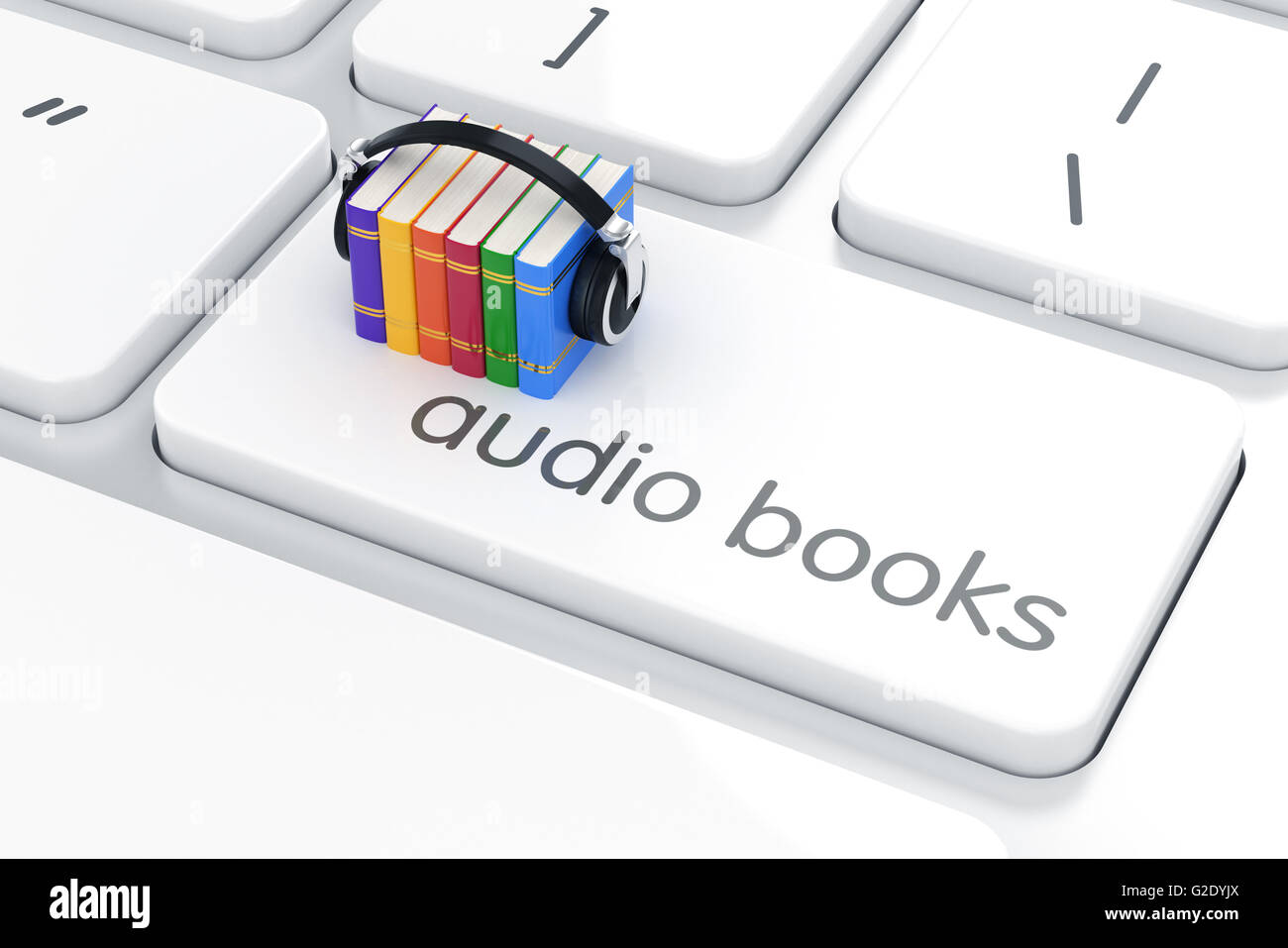 3d render of colorful books with headphones on the white enter computer keyboard. Audio book concept Stock Photo