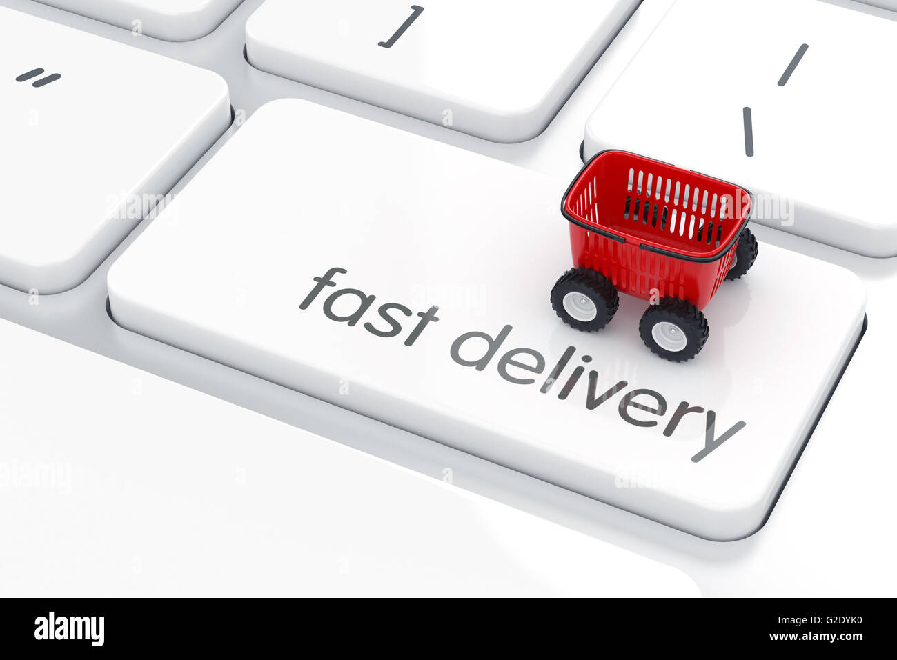 3d render of shopping cart with car toy wheels on white computer enter button keyboard. Fast delivery concept Stock Photo