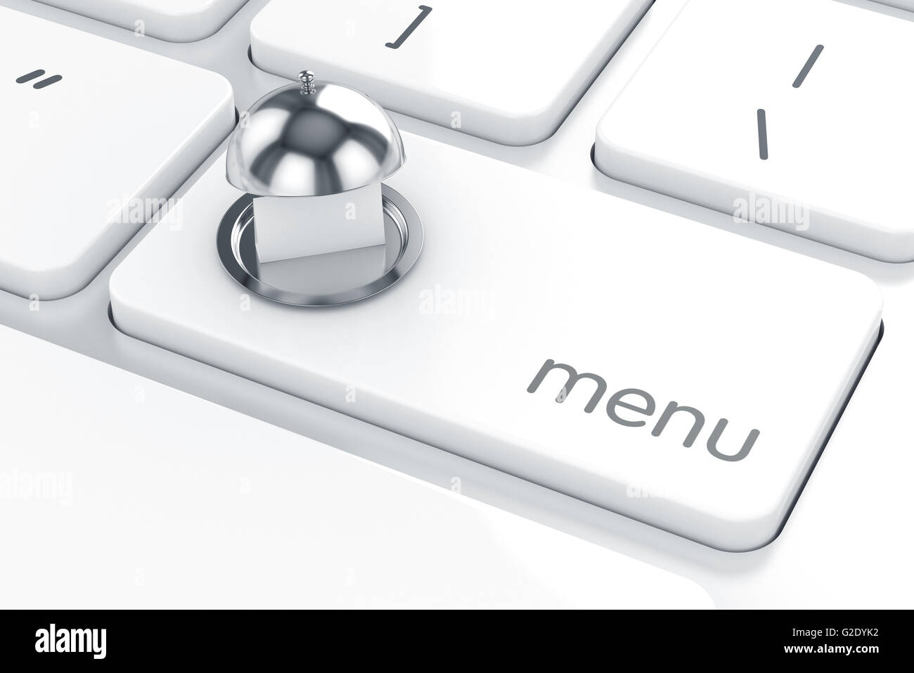 3d render of opened cloche with paper template on the white enter computer keyboard. Restaurant menu concept Stock Photo