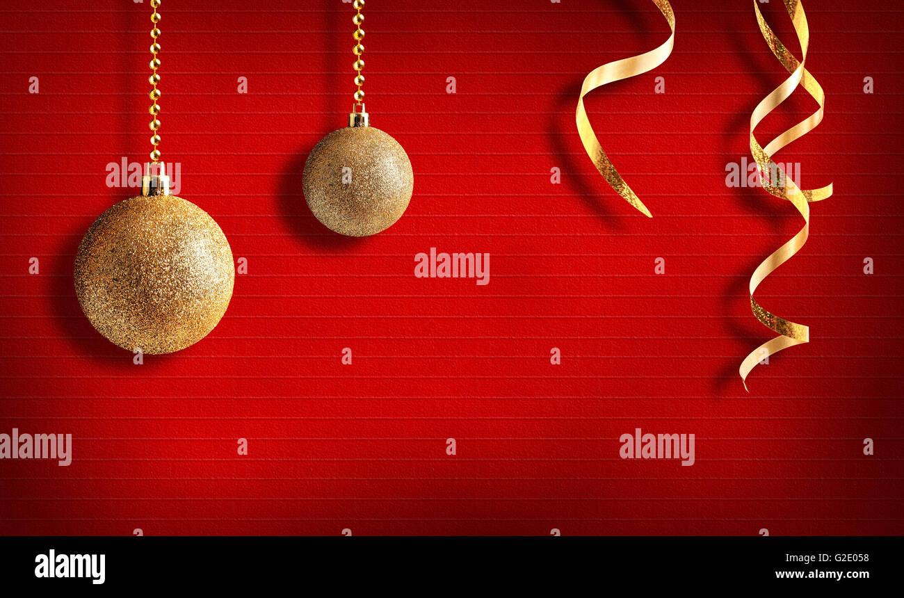 Christmas red background with golden balls and ribbon. With texture ...