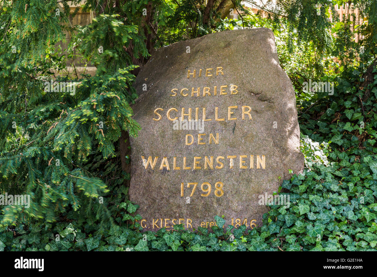 Boulder with an inscription from 1846, where Schiller wrote Wallenstein 1798 Garden House of Friedrich Schiller, Museum, Jena Stock Photo