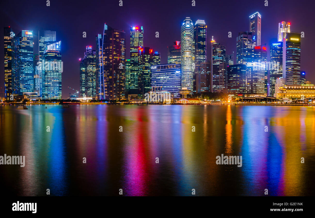 Skyline, Night Scene, Downtown, Financial District, Central Business District, Marina Bay, Downtown Core, Singapore Stock Photo