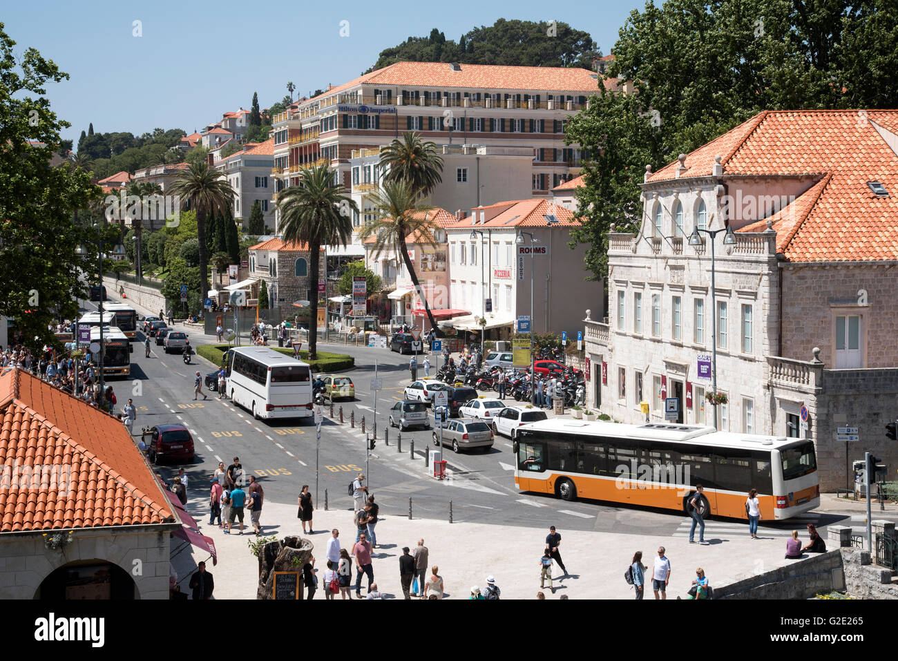 DUBROVNIK CROATIA The bus and tourist coach drop off point outside the Pile Gate of the historic