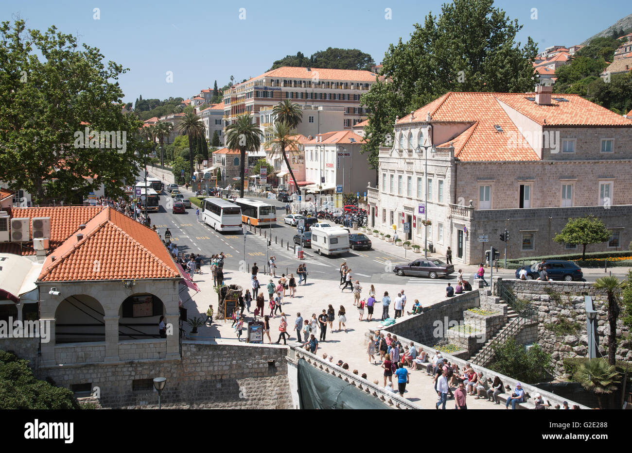 DUBROVNIK CROATIA The bus and tourist coach drop off point outside the Pile Gate of the historic