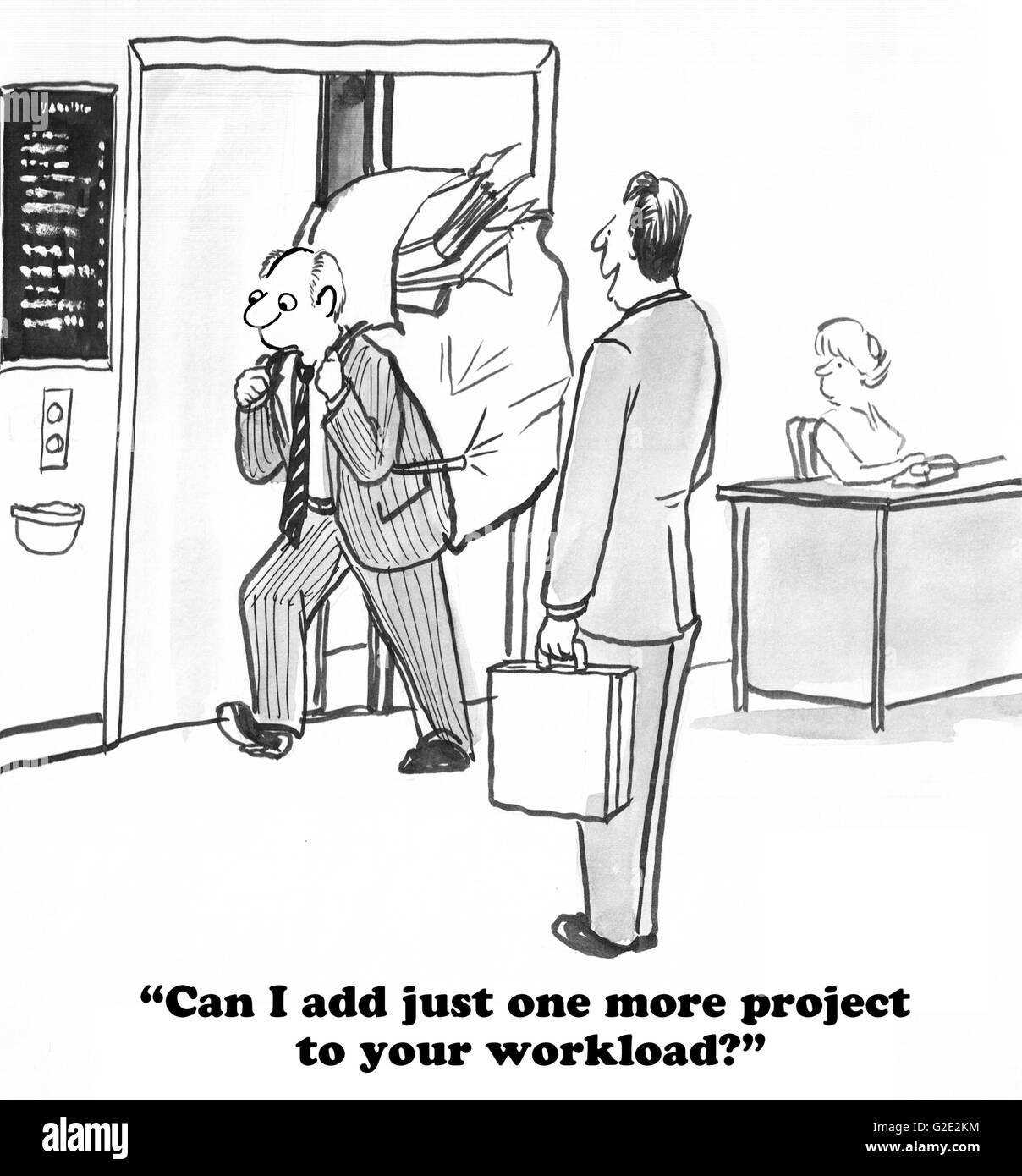 Business cartoon about worker with very heavy workload and an Stock