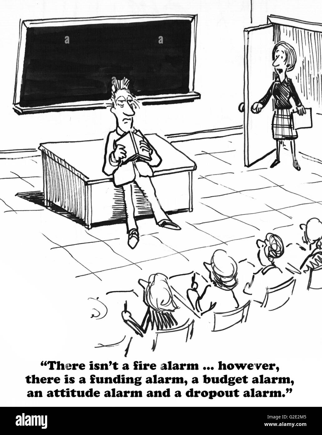 Education cartoon about alarm over a funding gap and high dropout rate. Stock Photo