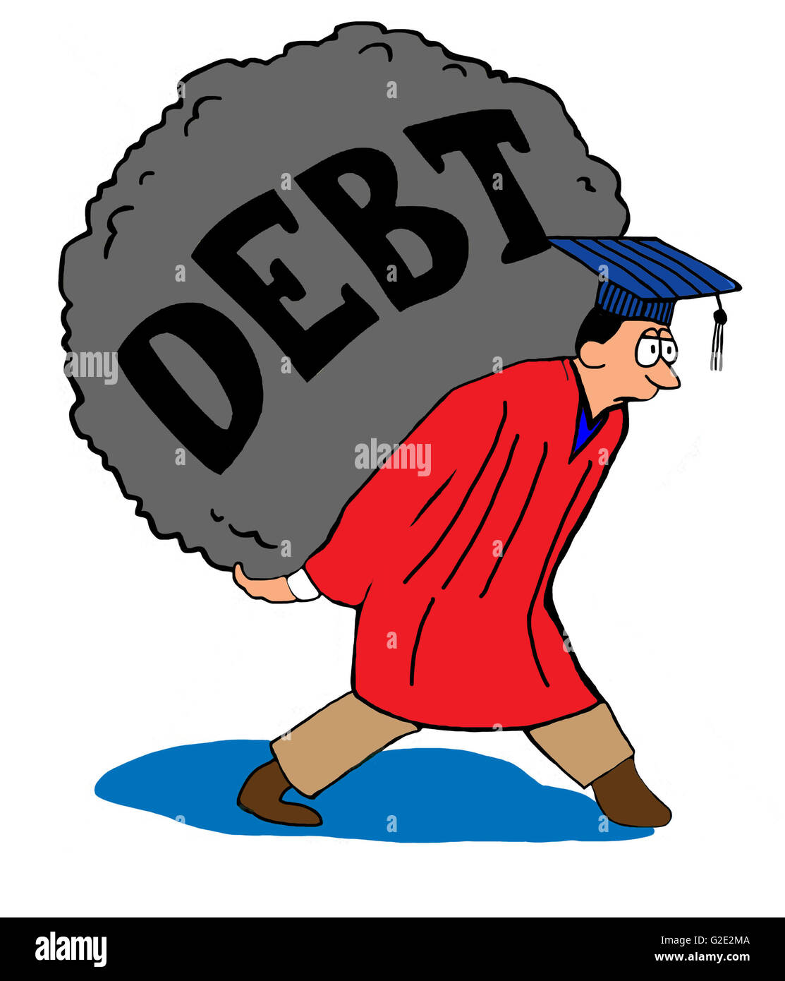 Illustration of college graduate carrying heavy tuition debt load. Stock Photo