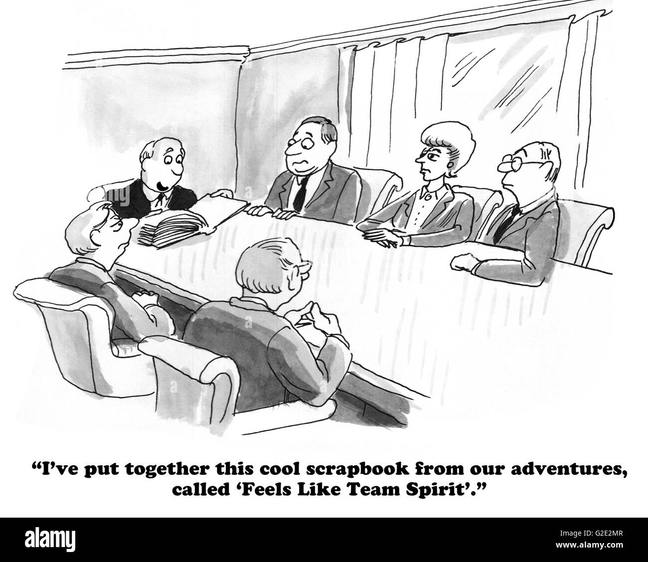 Business cartoon about creating a scrapbook of team memories. Stock Photo