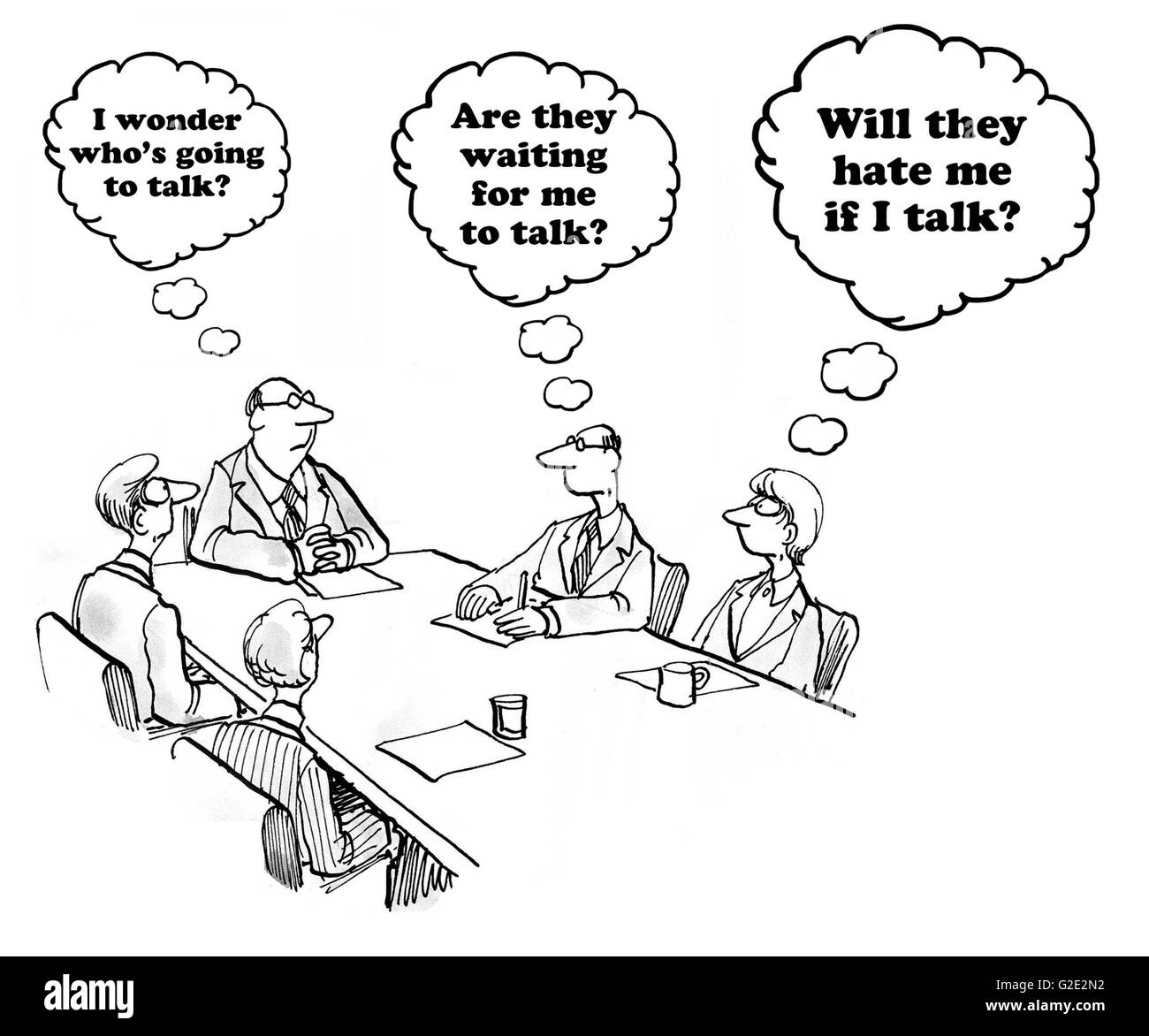 Business cartoon about hesitancy to talk in a meeting. Stock Photo