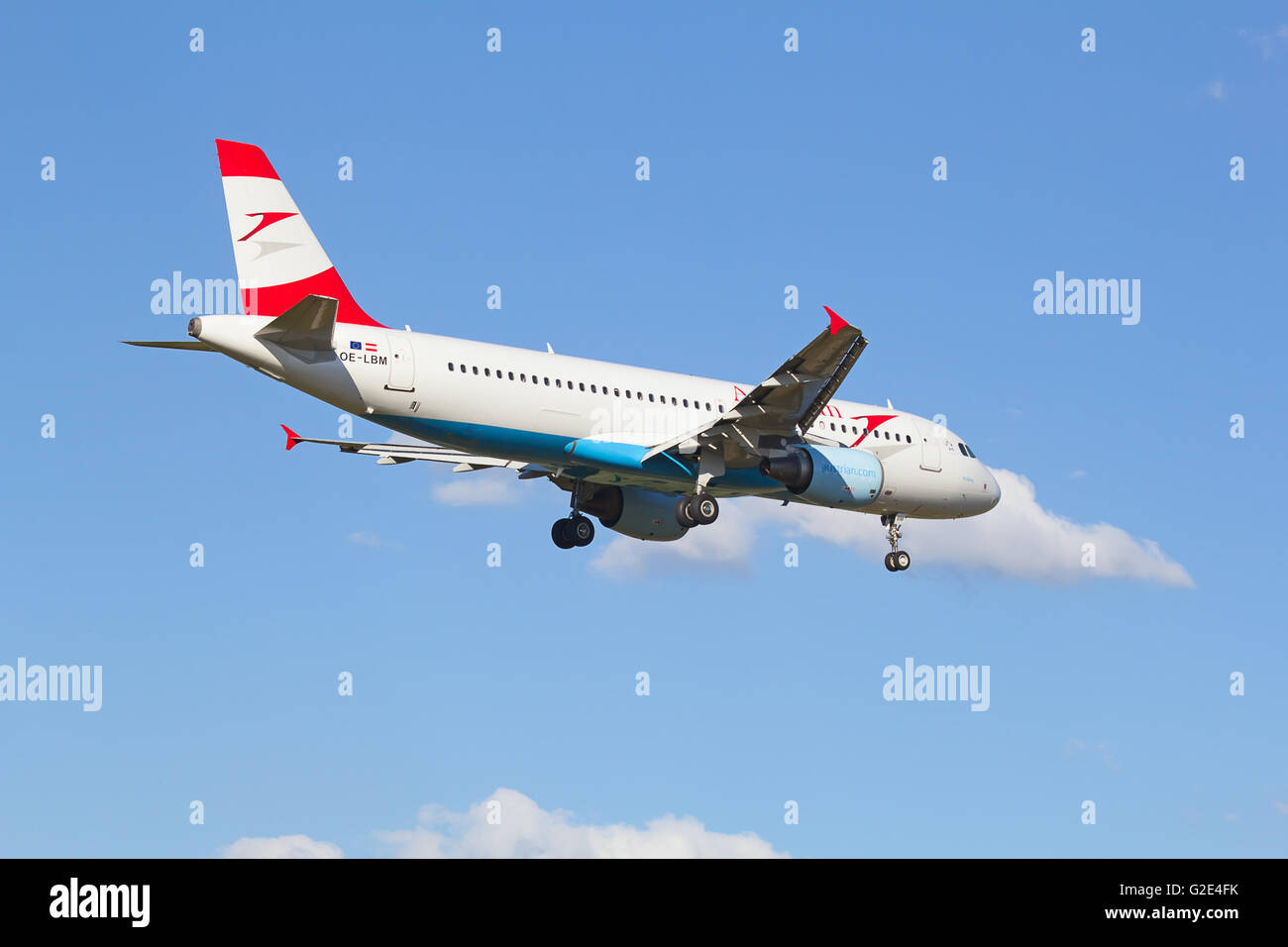 ZURICH - JULY 18: A-320 Austrian Airlines landing in Zurich airport after short haul flight on July 18, 2015 in Zurich, Switzerl Stock Photo