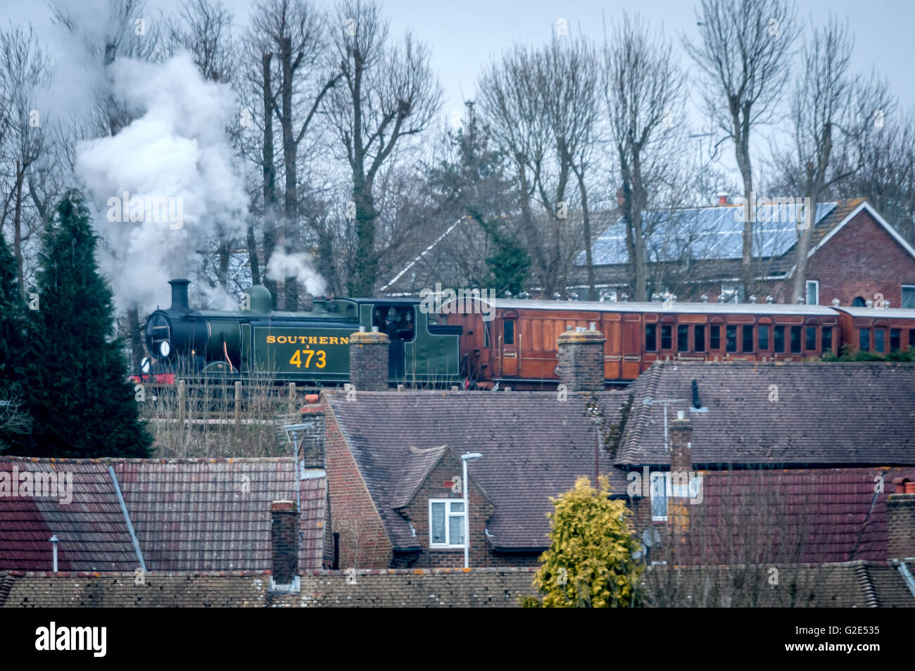 A steam train running on the Imberhorne Viaduct in East Grinstead for