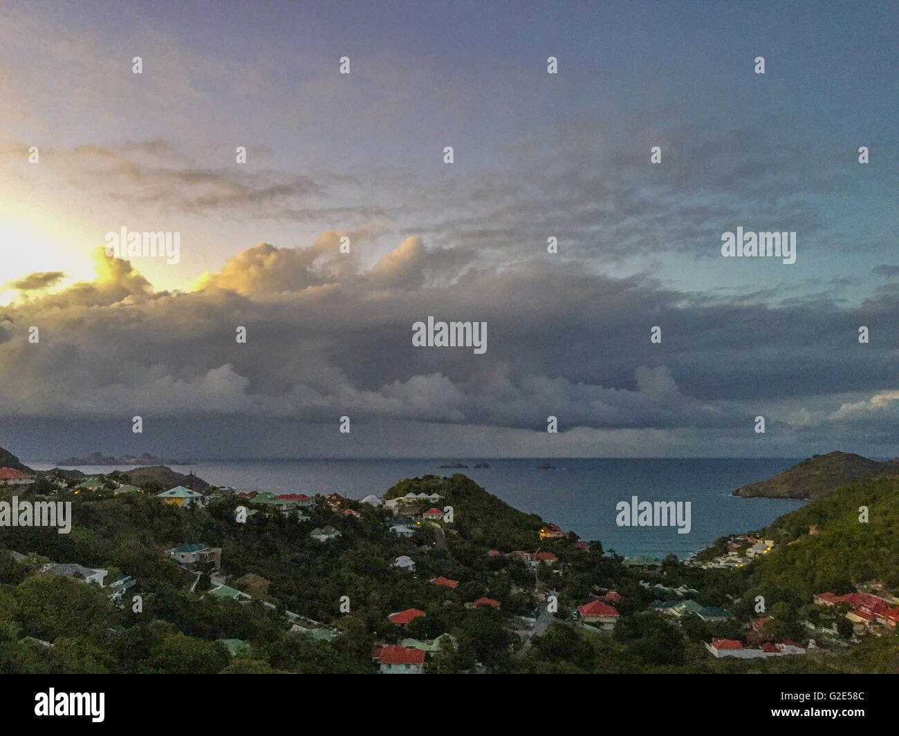 awesome sunset over the ocean and Flammands beach, St Bart's Stock Photo