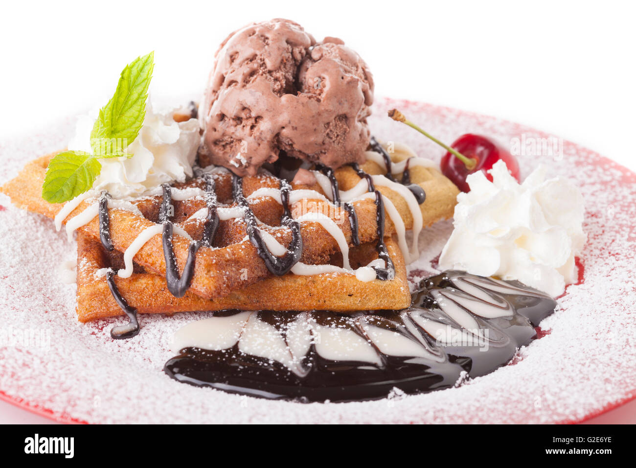 Belgian Waffle With Chocolate Syrup Whipped Cream And Chocolate Ice Cream With Red Cherry Stock Photo Alamy Belgian Waffle With Chocolate Syrup Whipped Cream And Chocolate Ice Cream With Red Cherry Stock Photo Alamy