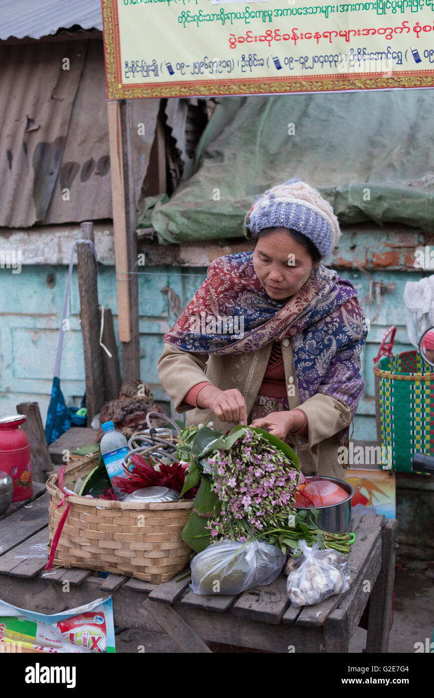 Woman selling vegetables, fruits and other food, in a market, Myanmar, Burma, Southeast Asia, Asia Stock Photo
