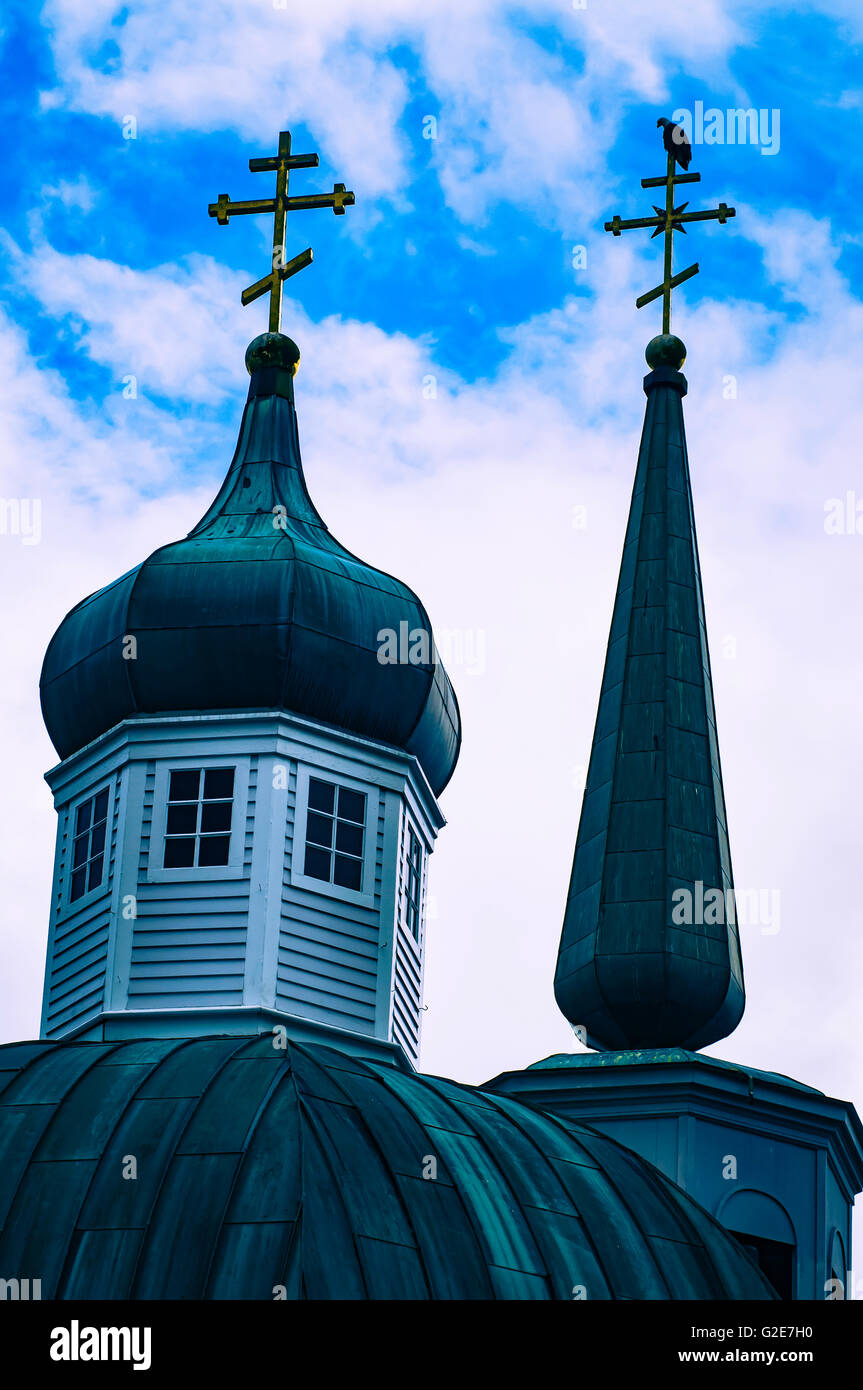 Sitka, Alaska. bald eagles on cross spires of St. Matthew Russian Orthodox church. Stock Photo