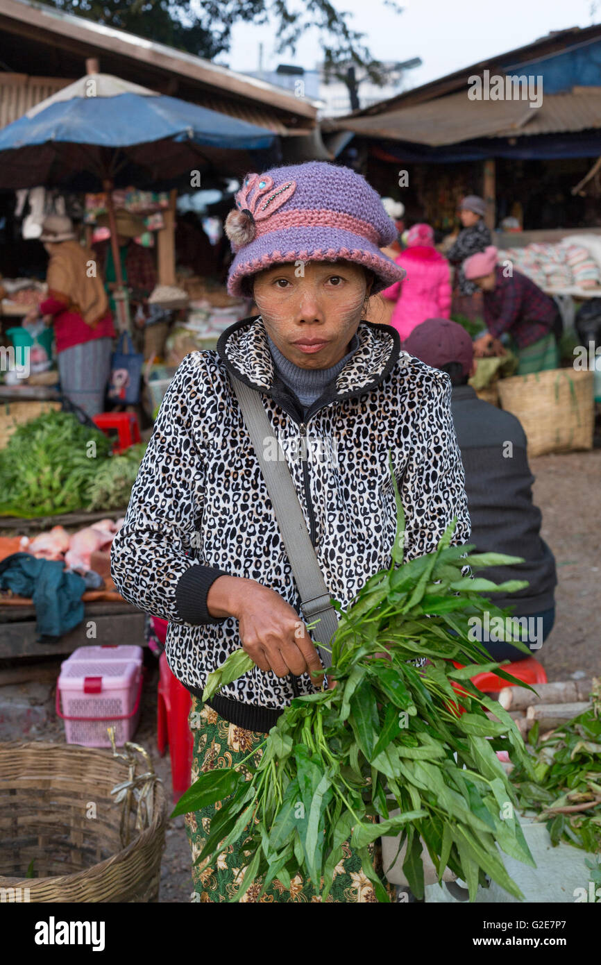 Woman selling vegetables, fruits and other food, in a market, Myanmar, Burma, Southeast Asia, Asia Stock Photo