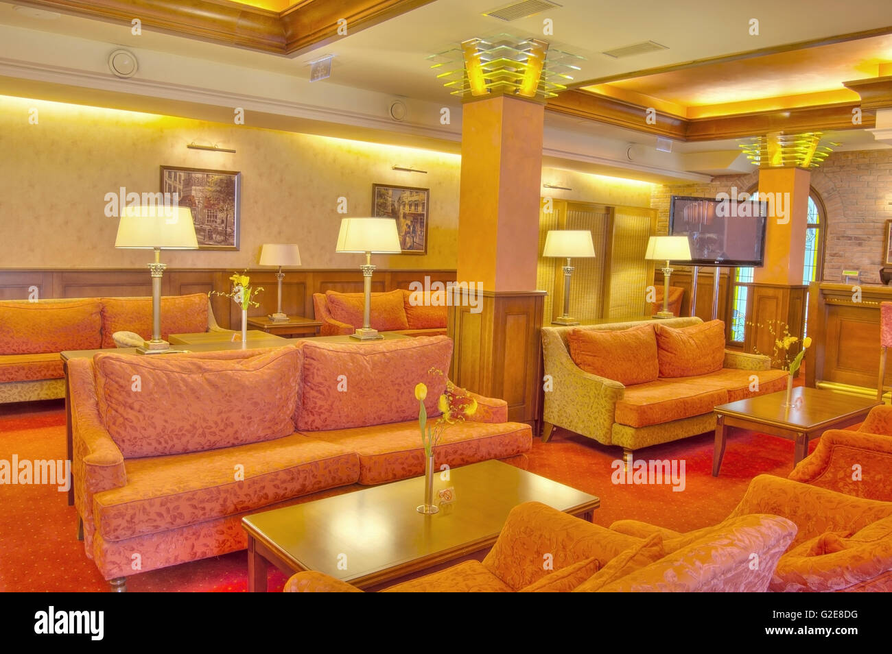 Hotel Lobby with Upholstered Sofas Stock Photo