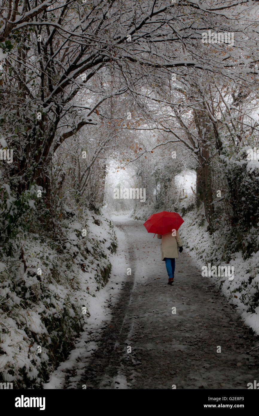 Woman With Red Umbrella Walking Down Snowy Rural Road, Rear View Stock Photo