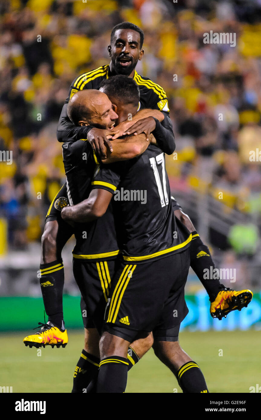 Ola Kamara, Federico Higuain and Columbus Crew SC midfielder Mohammed Saeid  (8) celebrate Ola Kamara's goal in the second half of the match between  Real Salt Lake and Columbus Crew SC. May