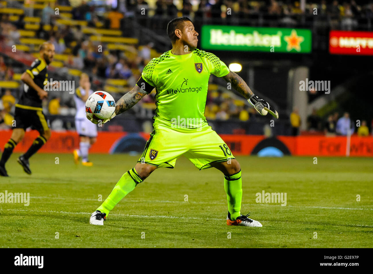 Real Salt Lake goalkeeper Nick Rimando (18) in the second half of the match between Real Salt Lake and Columbus Crew SC. May 28, 2016 at MAPFRE Stadium in Columbus Ohio. Columbus Crew SC 4 - Real Salt Lake 3.Photo Credit: Dorn Byg/CSM Stock Photo