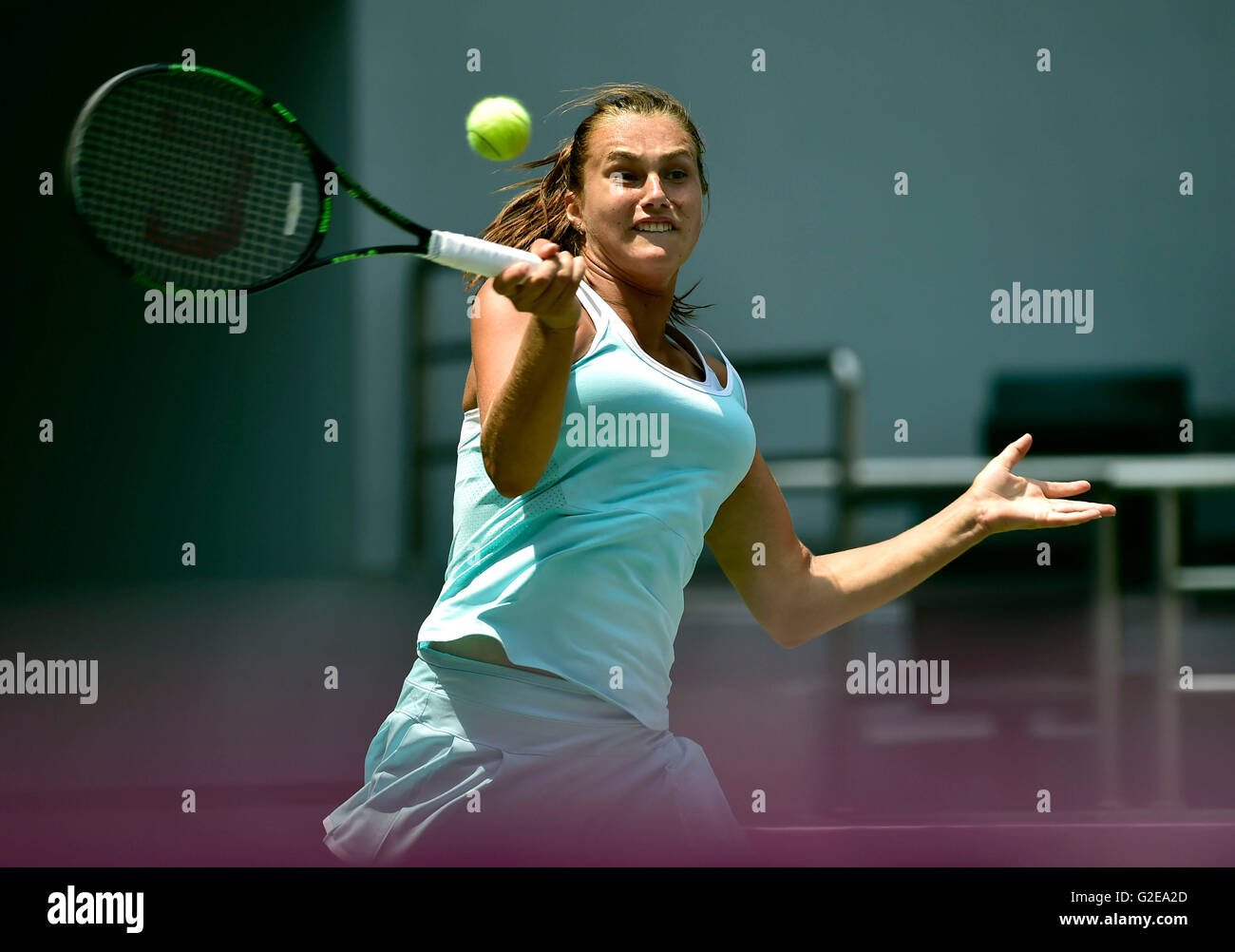 Tianjin. 29th May, 2016. Aryna Sabalenka of Belarus returns the ball during the singles' final against Nina Stojanovic of Serbia in 2016 ITF Women's Circuit in north China's Tianjin Municipality, on May 29, 2016. Aryna Sabalenka claimed the title with 2-1. © Yue Yuewei/Xinhua/Alamy Live News Stock Photo