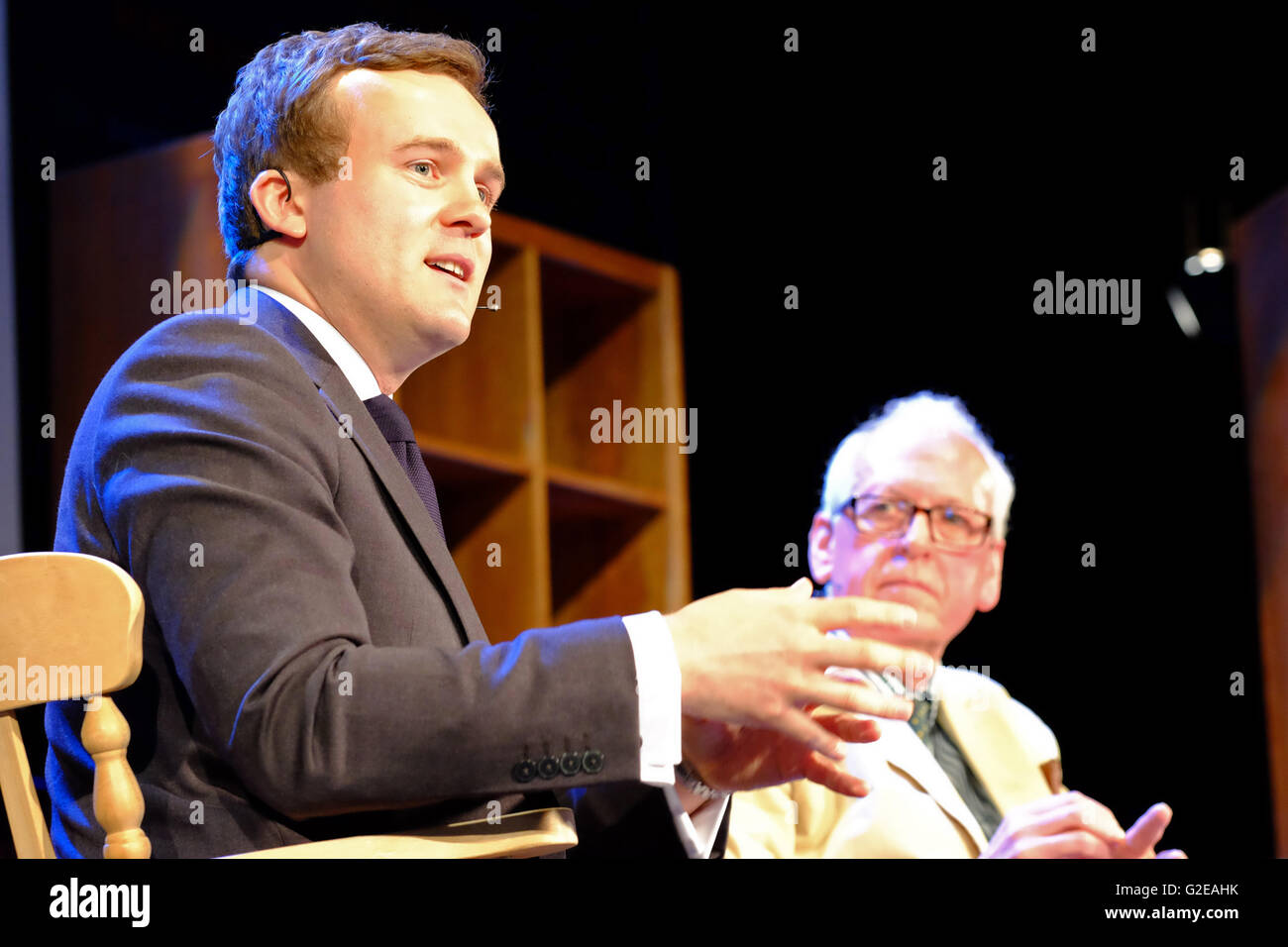 Hay Festival, Wales, UK May, 2016. Authors James Jinks ( left ) and Peter Hennessy on stage talking about their new book The Silent Deep an authorative history of Britain's Submarine Service since the Second World War. Stock Photo