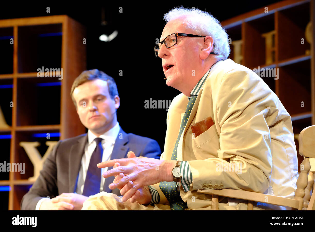 Hay Festival, Wales, UK May, 2016. Authors Peter Hennessy ( right ) and James Jinks ( behind ) on stage talking about their new book The Silent Deep an authorative history of Britain's Submarine Service since the Second World War. Stock Photo