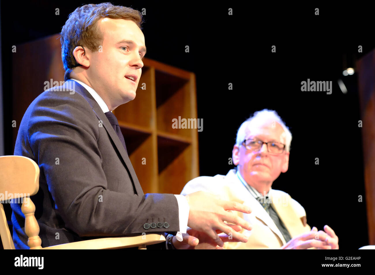 Hay Festival, Wales, UK May, 2016. Authors James Jinks ( left ) and Peter Hennessy on stage talking about their new book The Silent Deep an authorative history of Britain's Submarine Service since the Second World War. Stock Photo