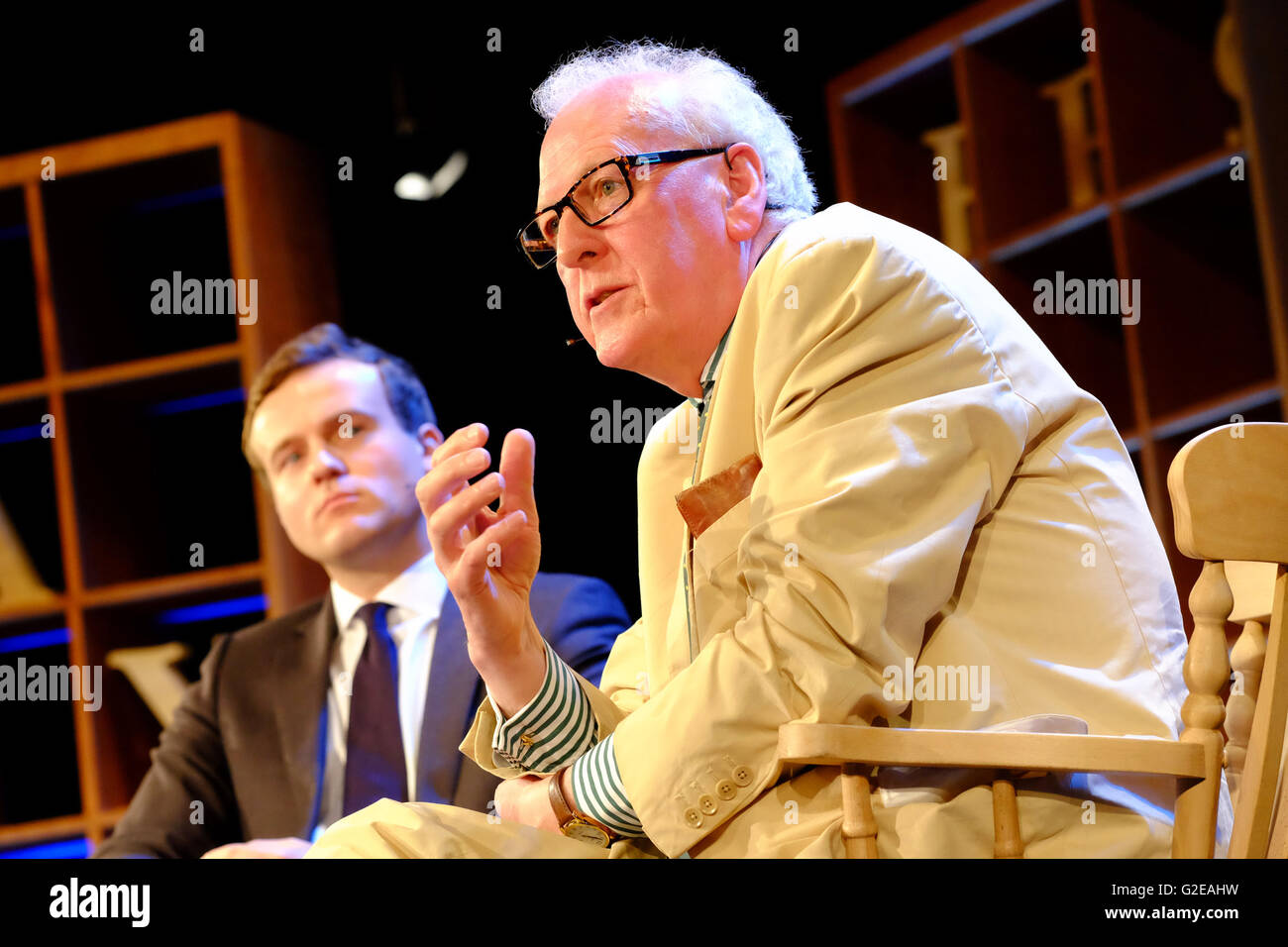 Hay on Wye, Wales, UK. 29th May, 2016. Authors Peter Hennessy ( right ) and James Jinks ( behind ) on stage talking about their new book The Silent Deep an authorative history of Britain's Submarine Service since the Second World War. The Hay Festival continues to 5th June. Photograph Steven May / Alamy Live News Stock Photo