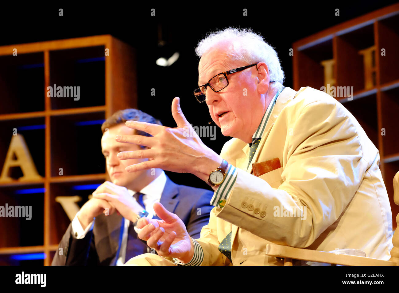 Hay Festival, Wales, UK May, 2016. Authors Peter Hennessy ( right ) and James Jinks ( behind ) on stage talking about their new book The Silent Deep an authorative history of Britain's Submarine Service since the Second World War. News Stock Photo