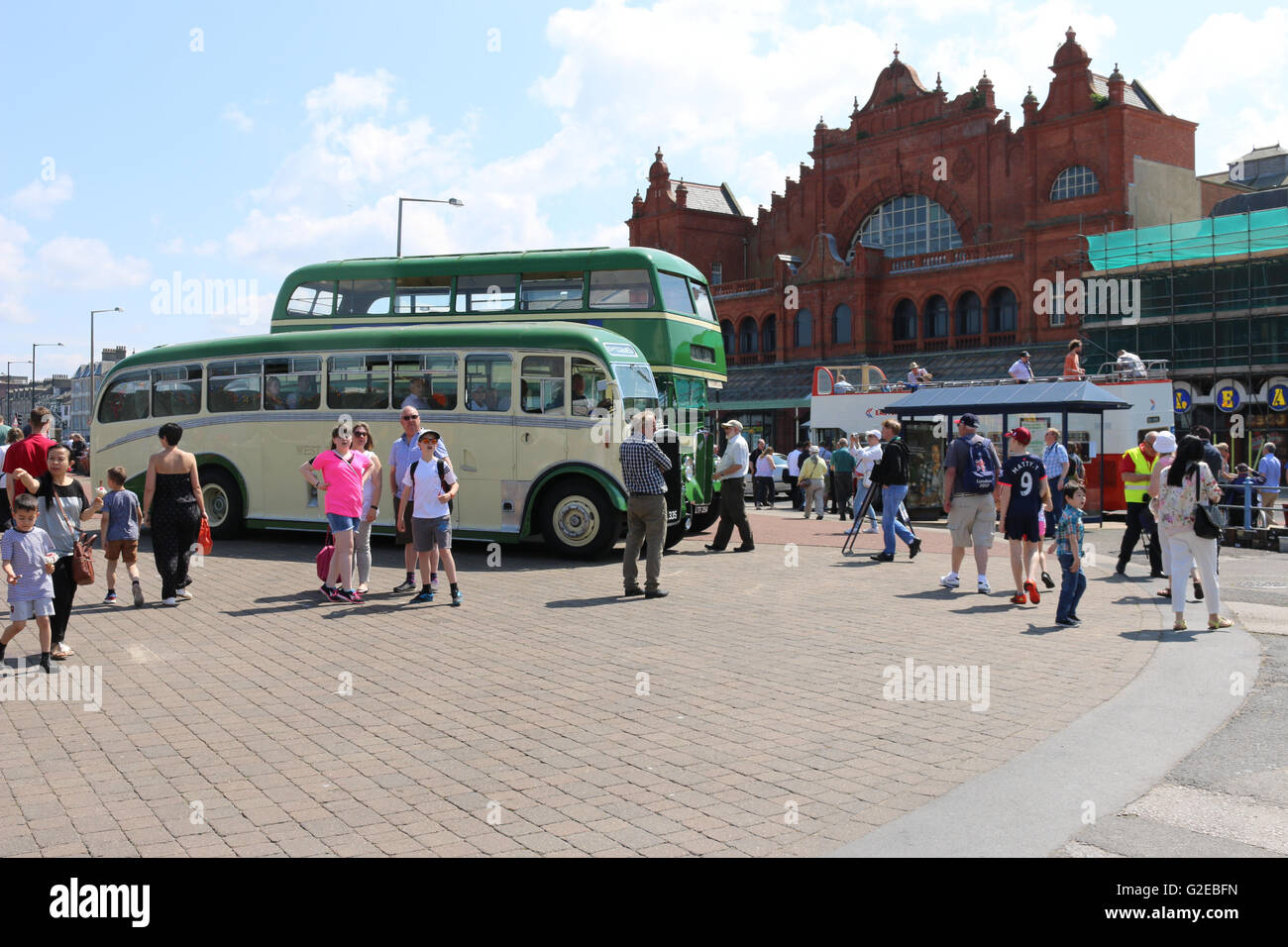 Morecambe Promenade Morecambe United Kingdom, 29th May 2016  There was a turn out of historic buses on Bank Holiday Sunday on Morecambe Promenade ranging from a 1931 Ribble Leyland Lion bus through to a present day wi if equipped Stagecoach double decker Gold bus.  As part of the event there where bus trips along Morecambe's promenade in the vintage buses from outside the resorts famous Winter Gardens Theatre Credit:  David Billinge/Alamy Live News Stock Photo