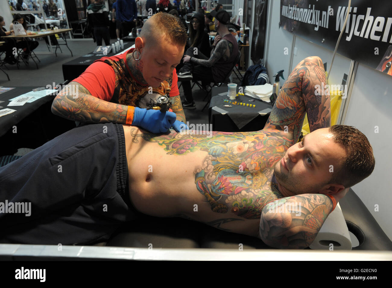 London, UK. 29th May, 2016. Nicky from Wijchen, Holland, second place winner in Best Oriental category at the Great British Tattoo Show held at Alexandra Palace here 29th May 2016. HUGH ALEXANDER/Alamy Live News Stock Photo