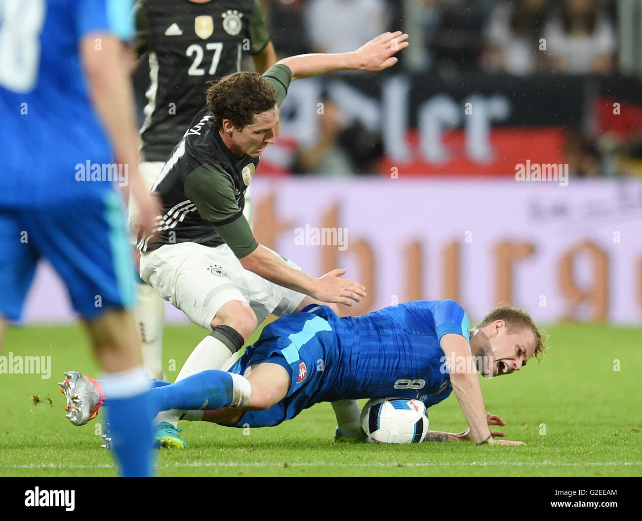 Augsburg, Germany. 29th May, 2016. Germany's Sebastian Rudy (l) and Slovakia's Ondrej Duda in action during the international friendly match between Germany and Slovakia at WWK-Arena in Augsburg, Germany, 29 May 2016. PHOTO: TOBIAS HASE/dpa/Alamy Live News Stock Photo