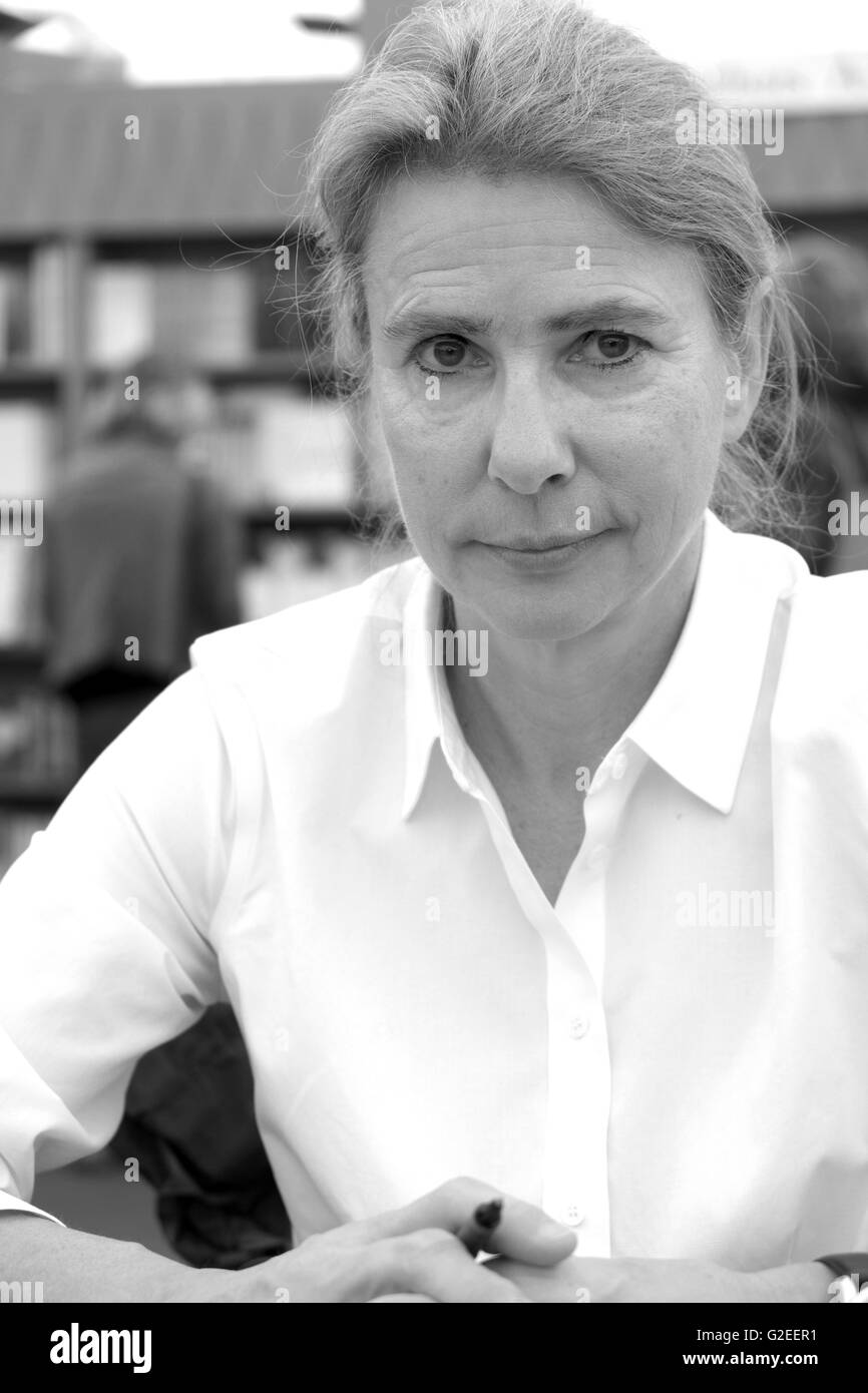 Hay Festival, Wales, UK - May 2016 -  Author and Orange Prize winning novelist Lionel Shriver in the Festival bookshop to sign copies of her latest book,  The Mandibles - A Family 2029-2047. Stock Photo