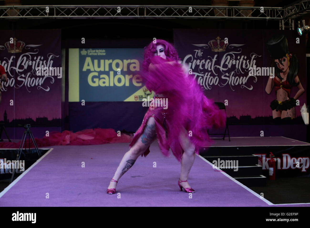 London UK ,29.May.2016.Alexandra Palace welcomed Aurora Galore  currently voted  No 7th Top Burlesque performer in the world via 21st Century Burlesque, as well as winning the title of Most Innovative performer at the Burlesque Hall of Fame in Las Vegas 2014,showing her stuff at the Great British Tattoo show 2016 ,Alexandra palace @Paul Quezada-Neiman/Alamy Live News Stock Photo