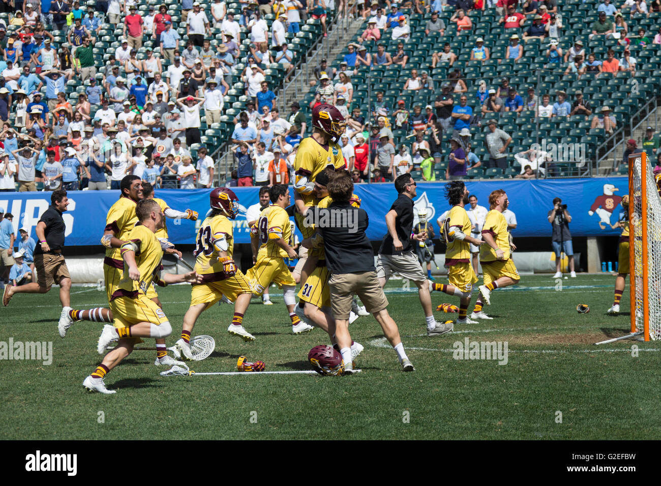 May 29, 2016: Salisbury Sea Gulls run onto the field to celebrate the win following the NCAA Division III championship lacrosse match between the Salisbury Sea Gulls and the Tufts Jumbos at Lincoln Financial Field in Philadelphia, Pennsylvania. The Salisbury Sea Gulls won 14-13 to become the NCAA Division III National Champions. Christopher Szagola/CSM Stock Photo