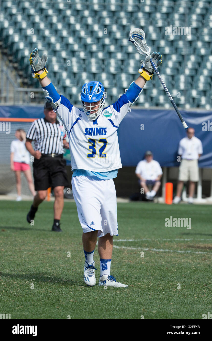 Philadelphia, Pennsylvania, USA. 29th May, 2016. Limestone Saints attack Jordan Saunderson (32) reacts to his goal during the NCAA Division II championship lacrosse match between the Le Moyne Dolphins and the Limestone Saints at Lincoln Financial Field in Philadelphia, Pennsylvania. Christopher Szagola/CSM/Alamy Live News Stock Photo