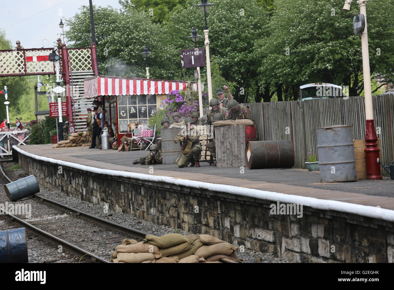 Ramsbottom, UK. 29th May, 2016. a WW2 battle reenactment takes place on ...