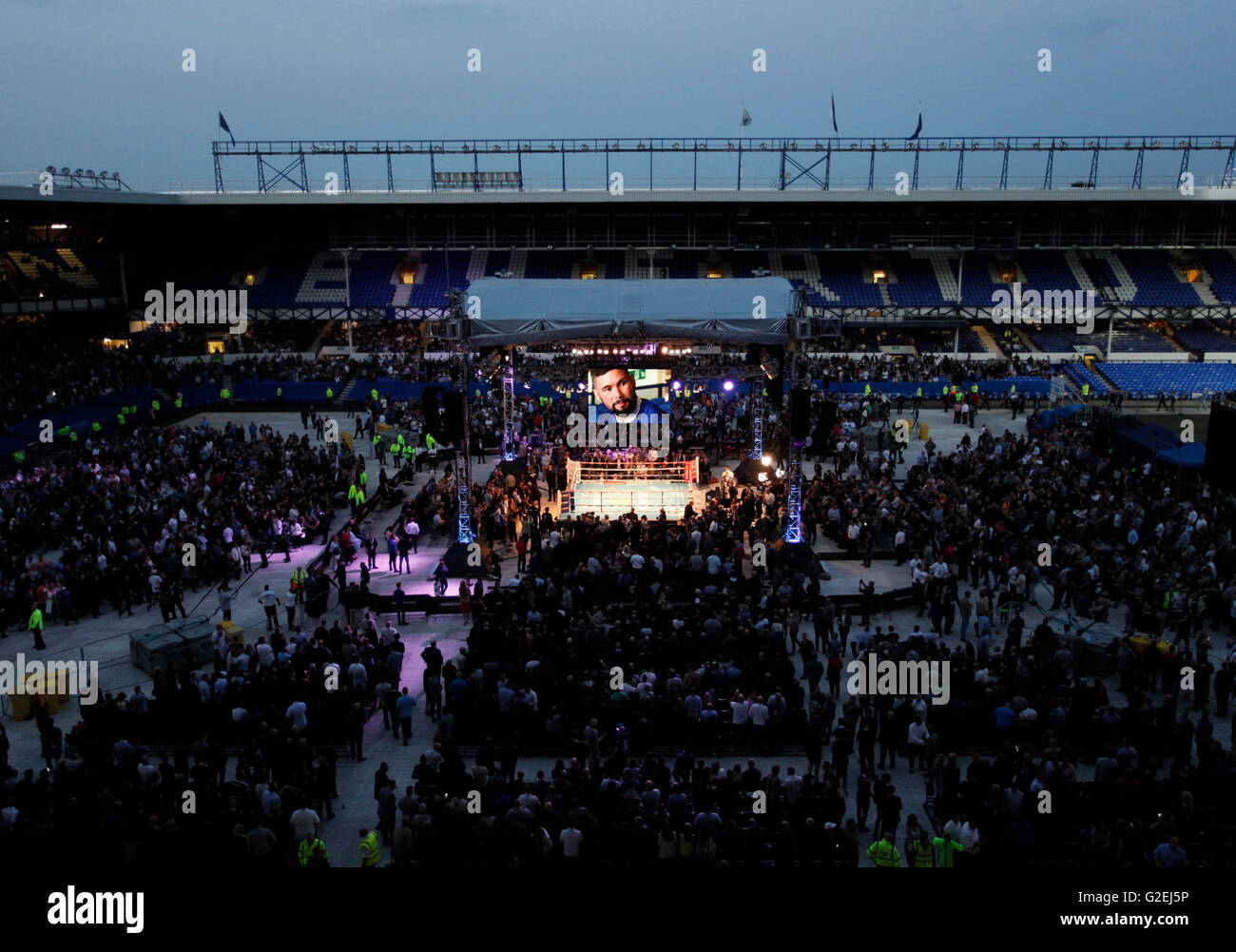 Goodison Park, Liverpool, UK. 29th May, 2016. WBC Cruiserweight Title. Tony Bellew versus Ilunga Makabu. A general view of Goodison Park, hosting tonight's WBC Cruiserweight World Championship fight. The famous old ground was the venue for the boxing match between &quot;Pretty&quot; Ricky Conlan (played by Tony Bellew) and Adonis Creed in the 2015 film 'Creed'. Tonight's event is the outdoor boxing event staged in Liverpool since 1949. Credit:  Action Plus Sports/Alamy Live News Stock Photo