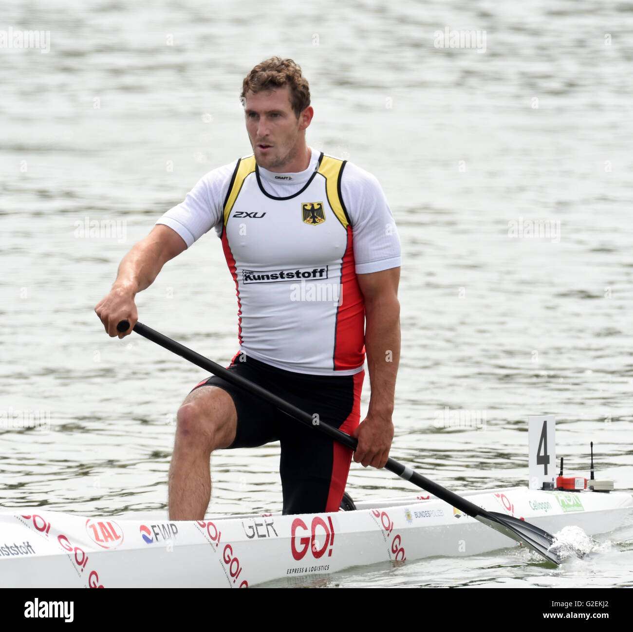 Racice, Czech Republic. 28th May, 2016. German Sebastian Brendel won the C1  1000-metre at the ICF (International Canoe Federation) Canoe Sprint World  Cup in Racice, Czech Republic, May 28, 2016. © Libor