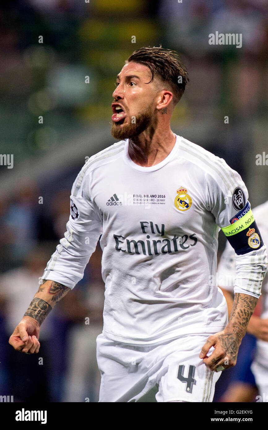 Milan, Italy. 28th May, 2016. Sergio Ramos (Real) Football/Soccer : Sergio Ramos of Real Madrid celebrates after scoring the opening goal during the UEFA Champions League final match between Real Madrid 1(5-3)1 Atletico de Madrid at Stadio Giuseppe Meazza San Siro in Milan, Italy . © Enrico Calderoni/AFLO SPORT/Alamy Live News Stock Photo