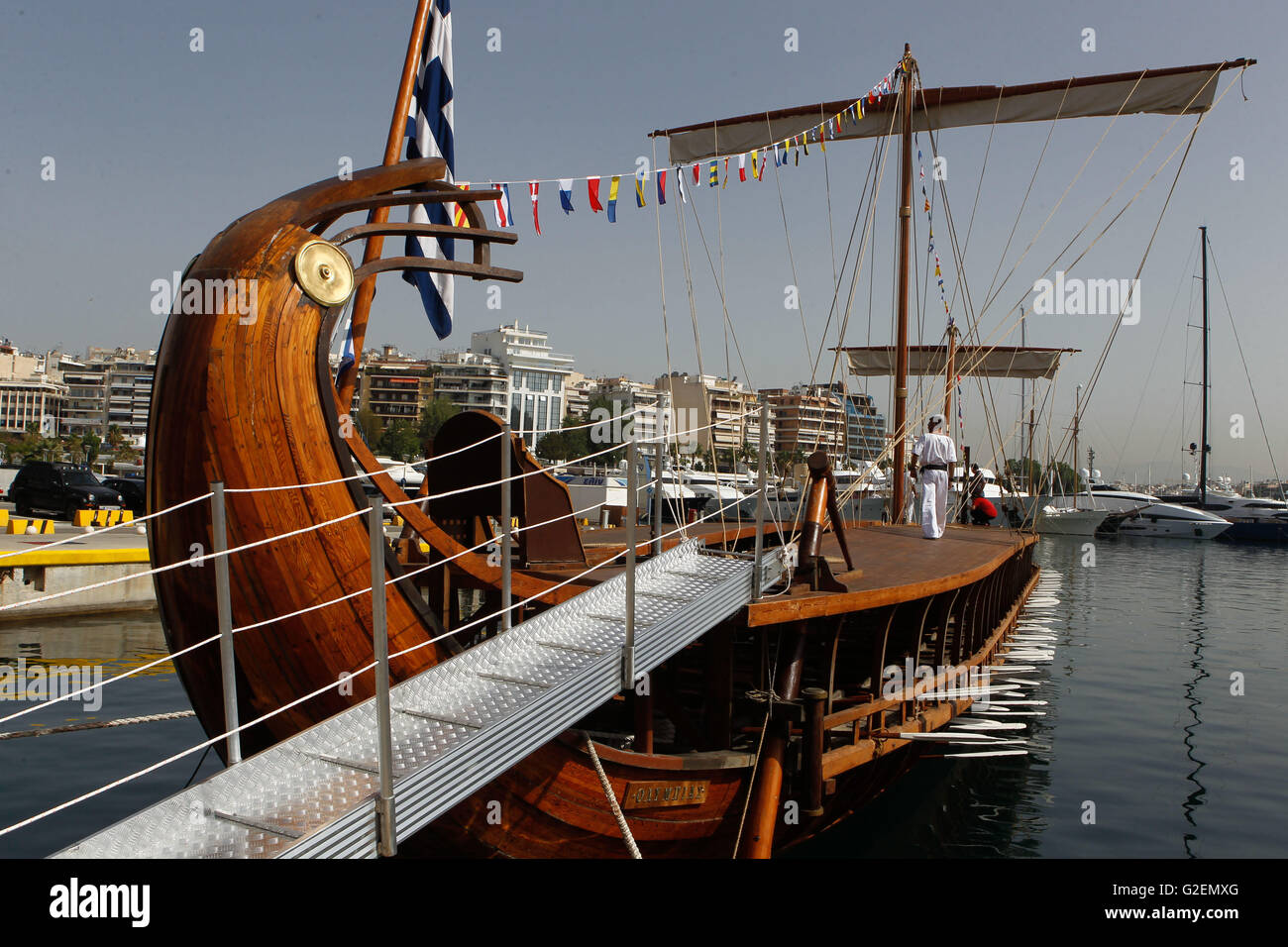 Piraeus, Greece. 30th May, 2016. The Hellenic Navy has launched trireme Olympias back to sea after a period of repairs. The crew consisted of 170 cadets from the Naval Academy and the Naval Academy of Non-Commissioned Officers. Trireme Olympias was first launched in May 1985 and handed over to the navy in July 1987. It has a length of 36.9m, beam of 5.5m, draft of 1.25m and 35t of displacement.Hellenic Navy's Athenian Trireme is a true copy of the formidable vessels of the antiquity. These vessels proved their capabilities during the epic Battle of Salamis in 29 September 480 BC, considere Stock Photo