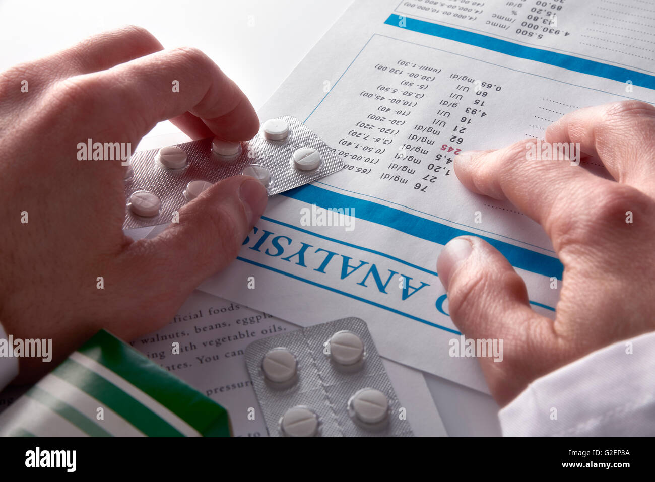Doctor prescribing drugs and showing blood test report with documents