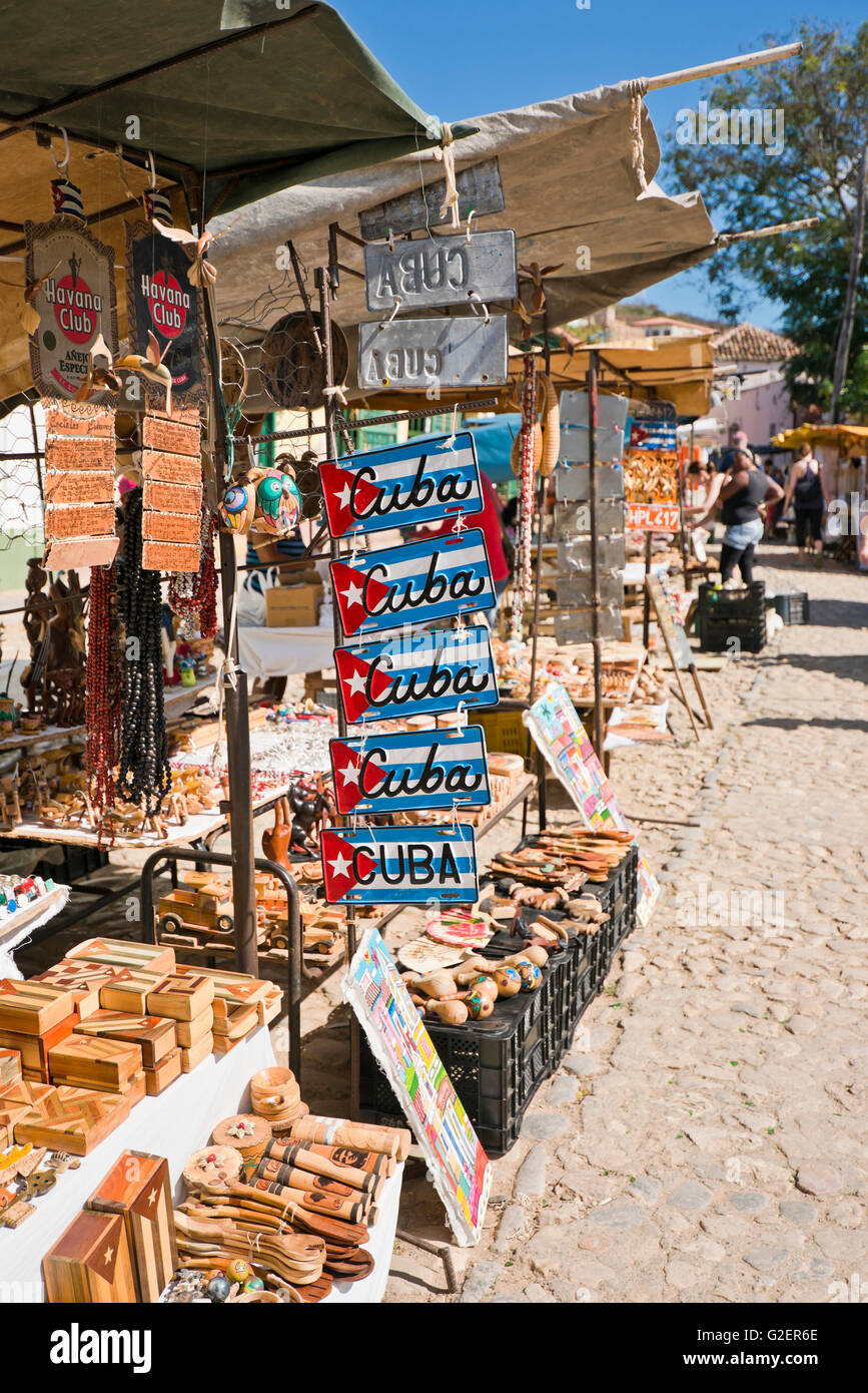 Vertical view of a market stall selling Cuban handicrafts in Trinidad, Cuba. Stock Photo